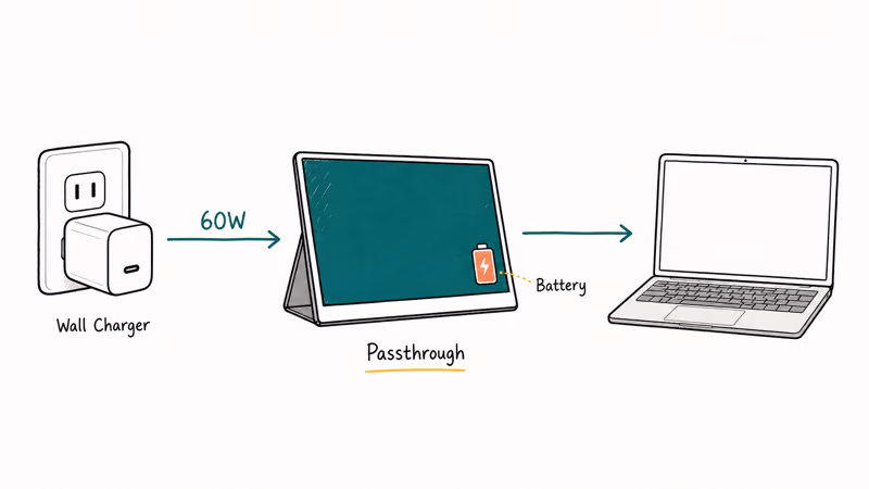 Wall charger powering a portable monitor that passes 60 watts through to charge a laptop