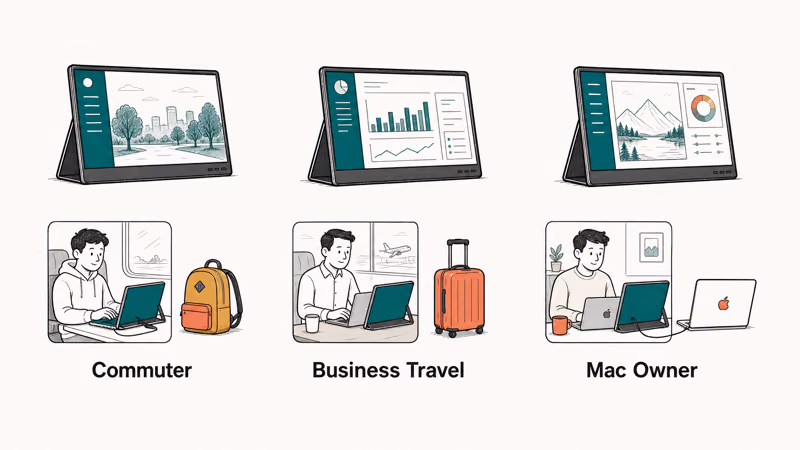Three portable monitors arranged for commuter, business traveler, and Mac owner travel use cases