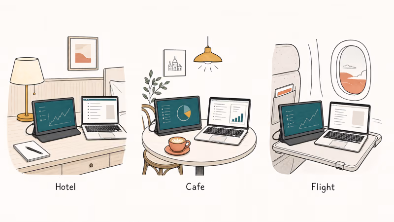 Portable monitor tested on a hotel desk, a cafe table, and a cramped airplane tray