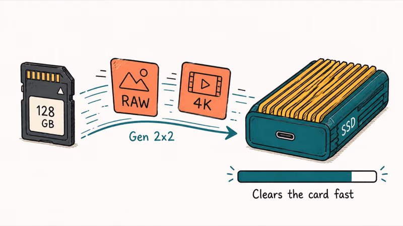 Camera memory card offloading large RAW photo and video files onto a fast portable SSD