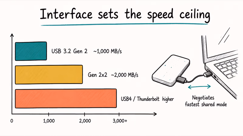 Chart comparing portable SSD speeds across USB 3.2 Gen 2, Gen 2x2, and USB4