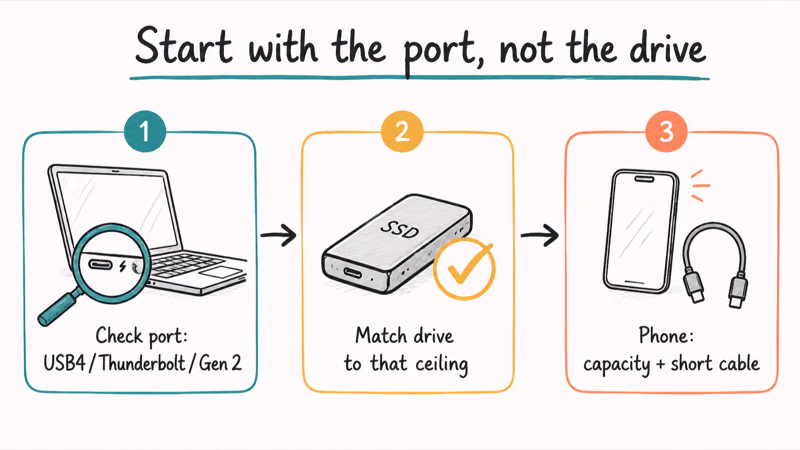Steps to check your laptop port type first then match the right portable SSD
