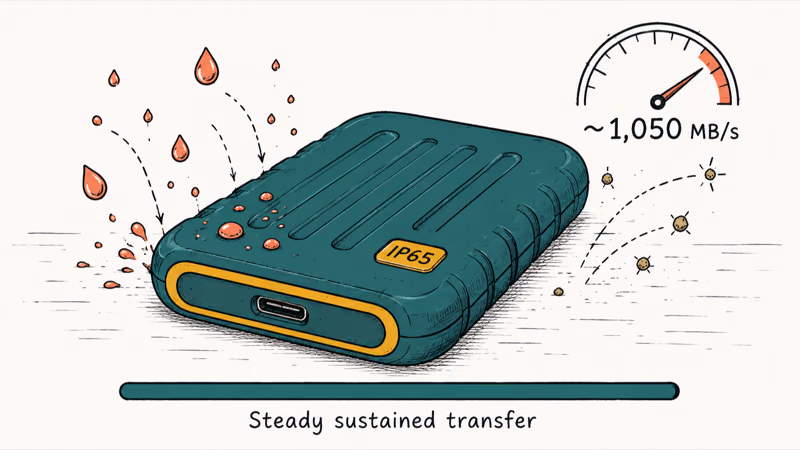 Rugged rubberized portable SSD resisting dust and water splashes with an IP65 durability rating