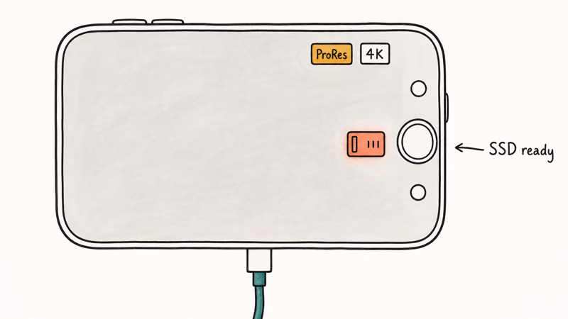 iPhone 17 Pro Camera app showing the SSD icon next to ProRes recording controls when connected