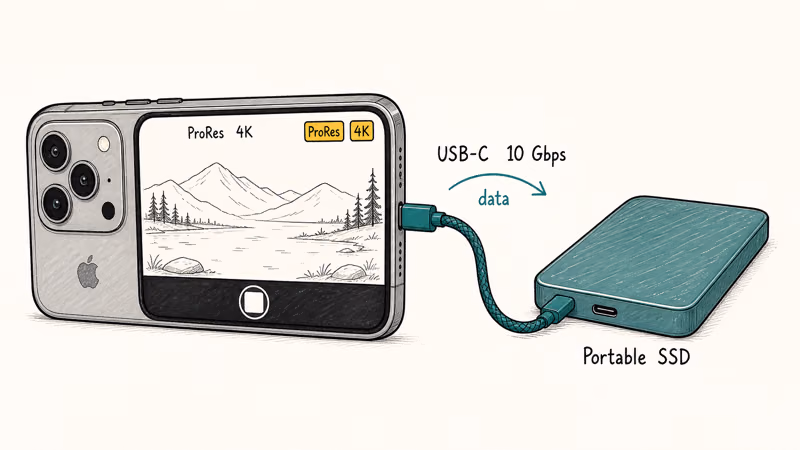 iPhone 17 Pro recording ProRes 4K video directly to a portable USB-C SSD