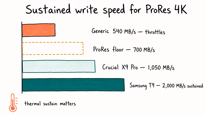 Hand-drawn bar chart comparing portable SSD sustained write speeds for iPhone ProRes recording