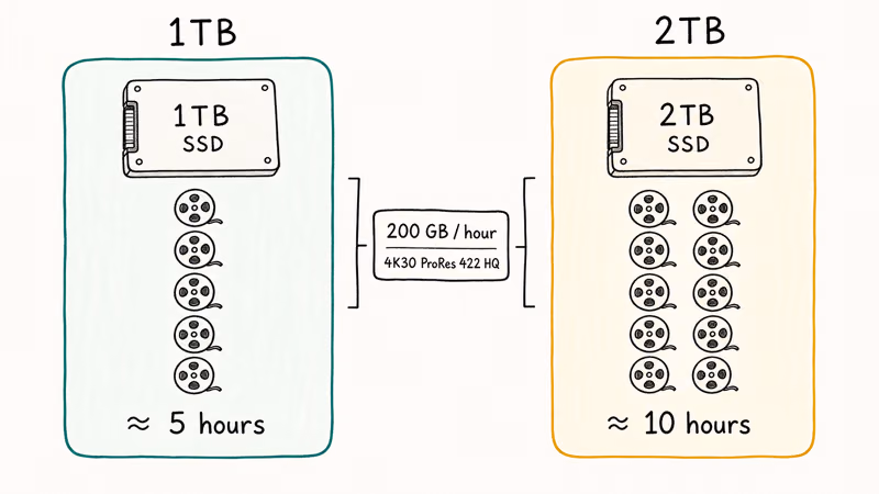 Hand-drawn capacity chart showing 1TB SSD holds five hours and 2TB holds ten hours of ProRes