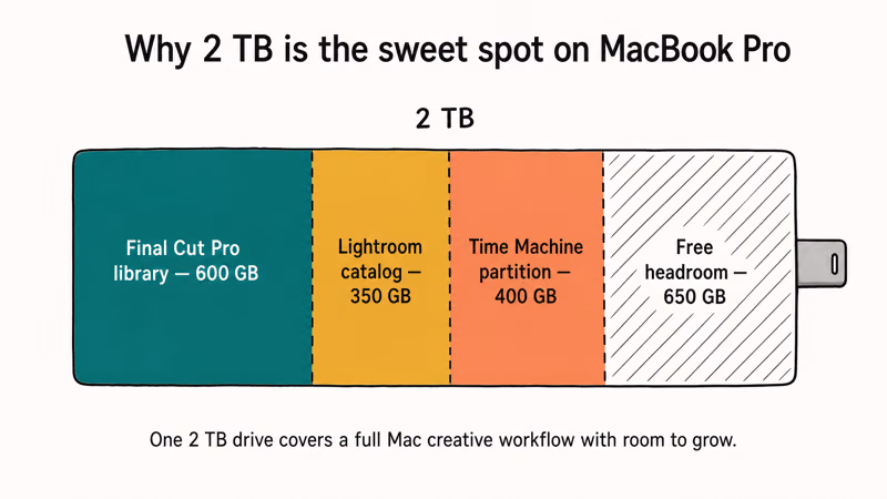 Two terabyte portable SSD divided into Final Cut, Lightroom, Time Machine, and headroom bands