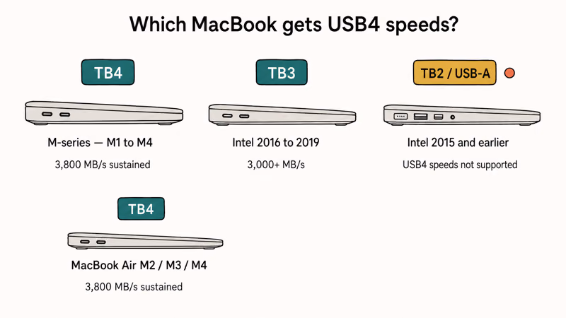MacBook Pro and Air models from M-series to Intel mapped to Thunderbolt and USB4 speeds