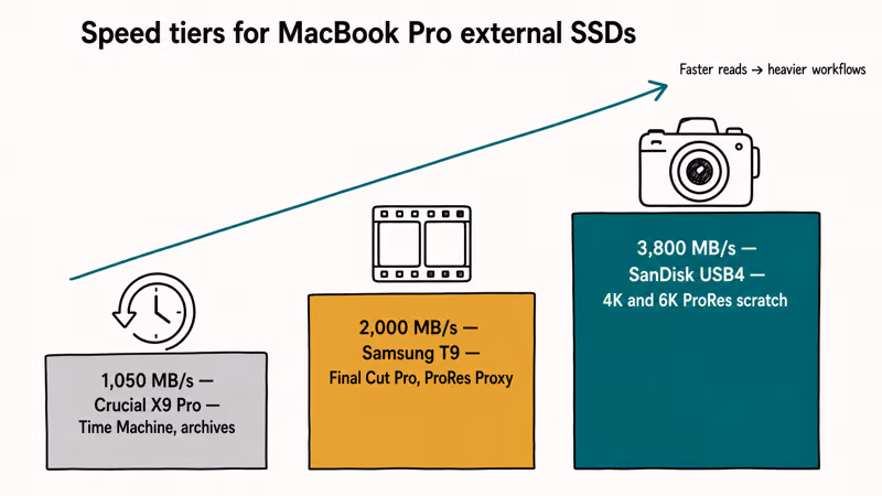 Three SSD speed tiers from 1,050 to 3,800 megabytes per second mapped to MacBook workflows