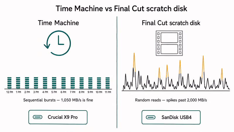 Time Machine sequential bursts contrast with Final Cut Pro random scratch disk workload pattern