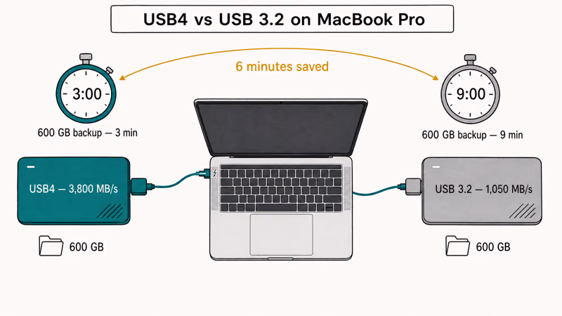 USB4 portable SSD finishes a 600 GB MacBook Pro backup in three minutes versus nine