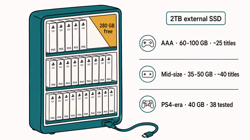 Capacity visualization showing how a 2TB external SSD holds about 30 PS4 games or 40 titles