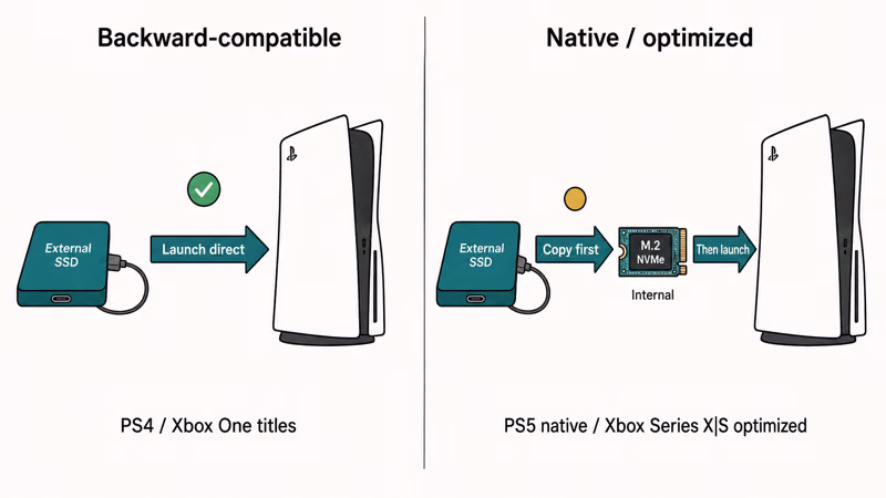 Comparison showing PS4 games launching direct while PS5 native games copy to internal storage