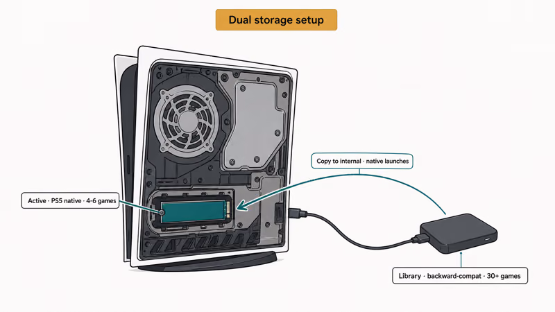 Dual storage layout showing internal NVMe expansion plus external USB SSD library for PS5