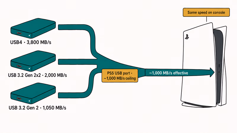 Diagram explaining USB port speed ceiling of about 1000 megabytes per second on PS5