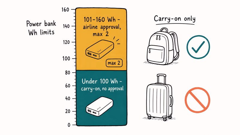 Watt-hour airline limits with the 100 Wh carry-on line and approval band