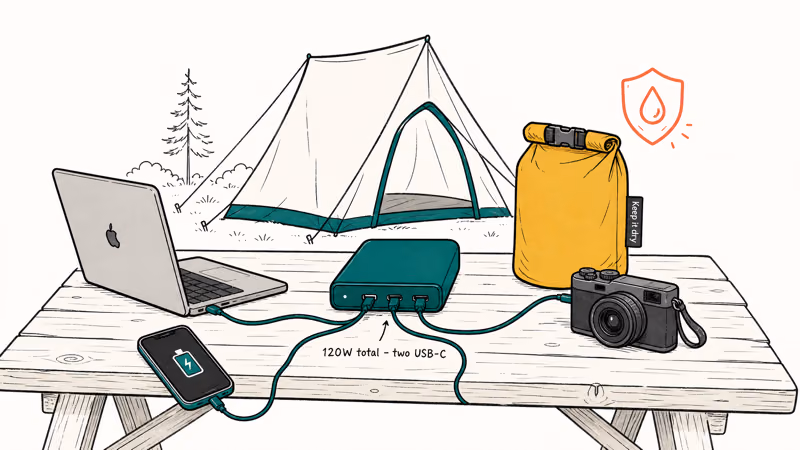 Camp table power bank charging a laptop phone and camera near a dry bag