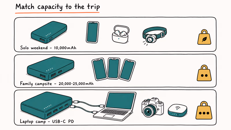 Three camping power bank capacity tiers from solo weekend to family campsite to laptop camp