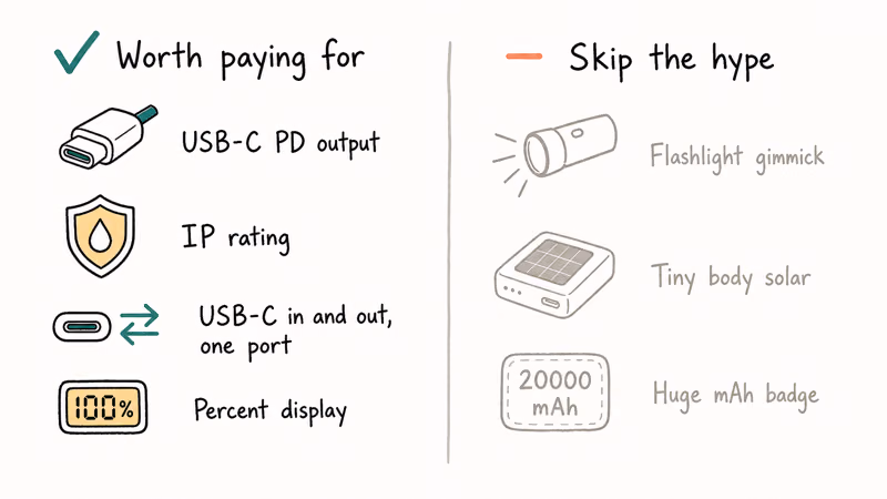 Camping power bank features worth paying for versus gimmicks like flashlights and body solar