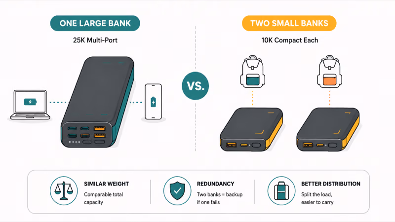 One large travel bank versus two smaller split packs comparison