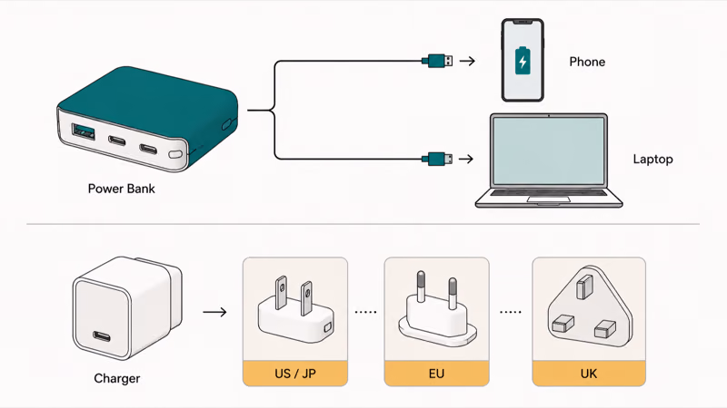 Power bank stays USB while wall adapter changes plugs by country