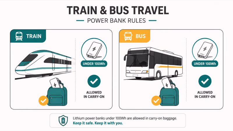 Train and bus travel allowing under one hundred watt hour banks