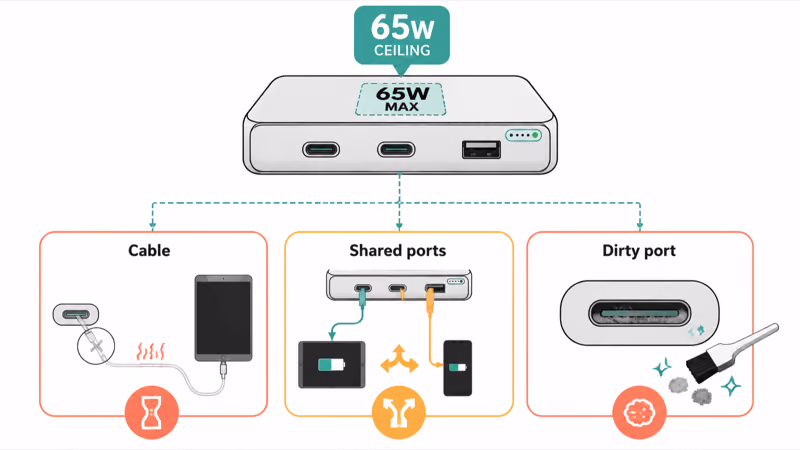 Three weak links cable rating shared ports and dirty USB-C slowing charge