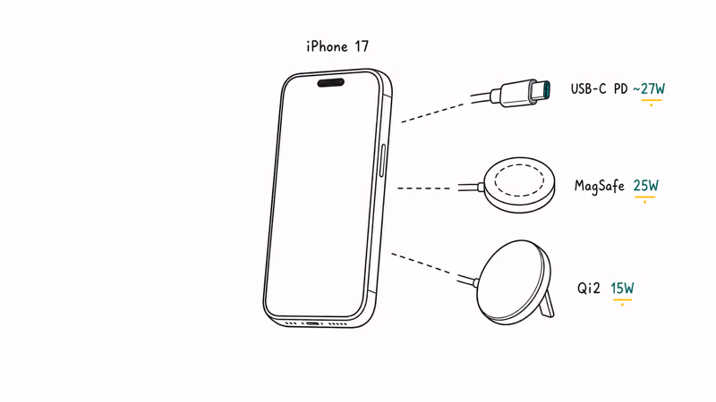 Hand-drawn sketch of iPhone 17 with USB-C, MagSafe, and Qi2 charging paths and peak watt ratings.