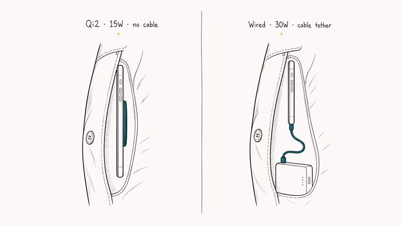 Side-by-side hand-drawn sketch of Qi2 magnetic puck carry versus wired USB-C bank carry on iPhone.