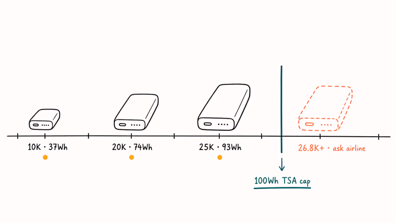 Hand-drawn scale showing 10K, 20K, 25K power bank watt-hour ratings under the TSA 100Wh airline cap.
