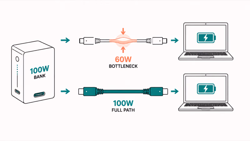 Hundred watt bank limited by sixty watt cable bottleneck diagram