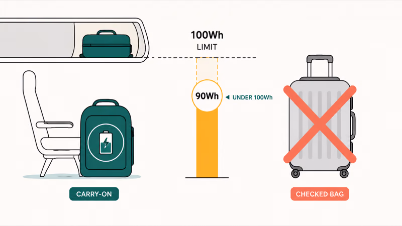 Ninety watt hour laptop bank under one hundred carry-on limit