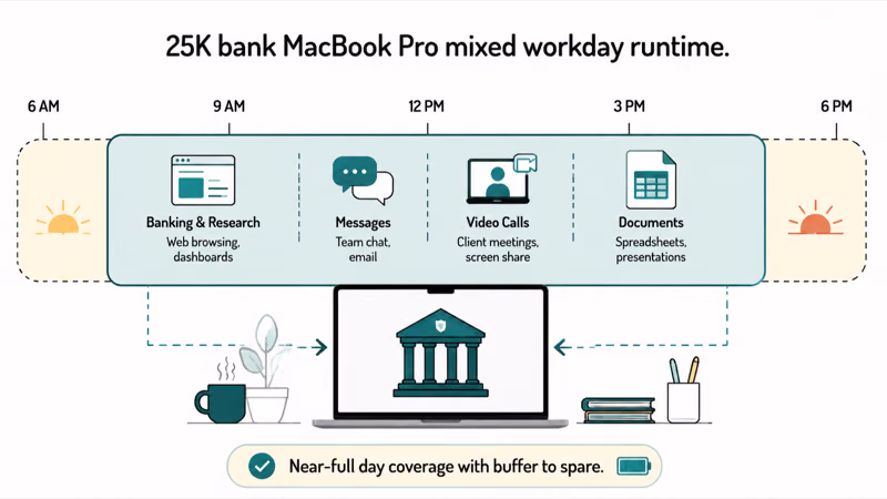 Twenty five K bank covering roughly one MacBook Pro mixed workday