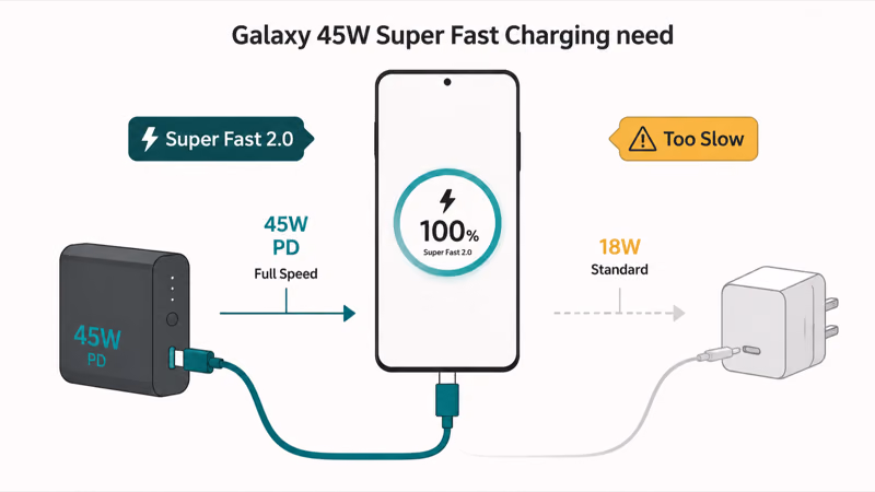 Galaxy phone needing forty five watt USB-C PD for Super Fast Charging