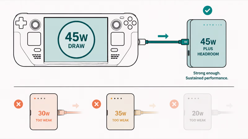 Steam Deck drawing forty five watts from a USB-C PD power bank