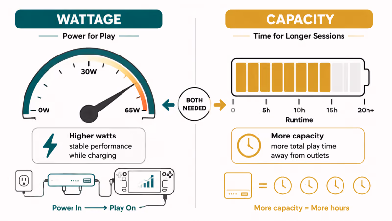 Wattage for play while charging versus capacity for total Deck runtime