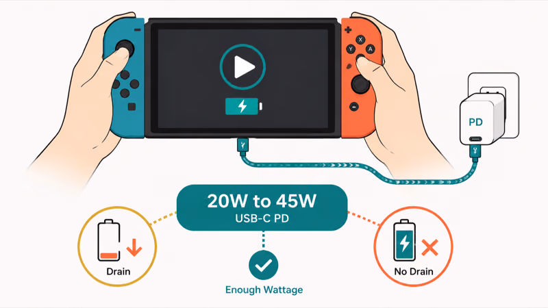Twenty to forty five watt PD charging Switch two during handheld play