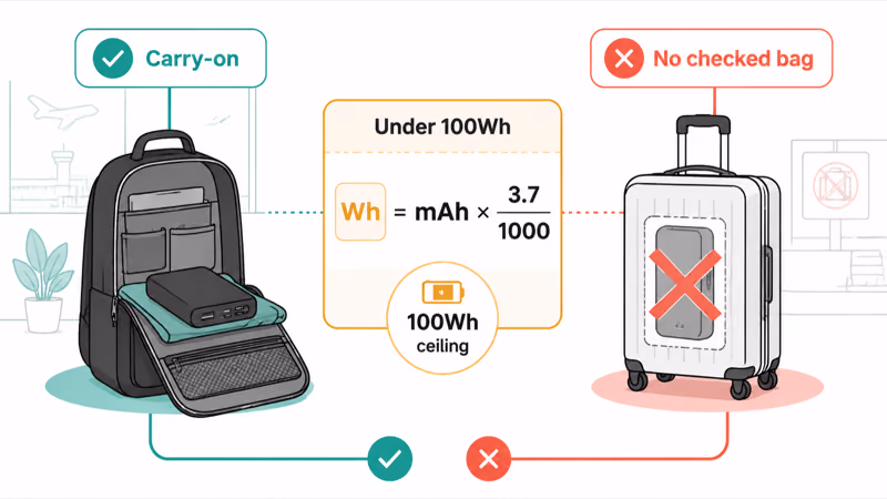 Airline carry-on power bank under one hundred watt hours rule diagram