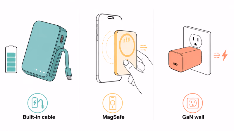 Built-in cable bank versus MagSafe pack versus GaN wall charger jobs