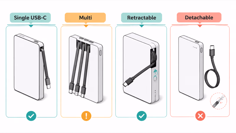 Four power bank cable styles single multi retractable and detachable