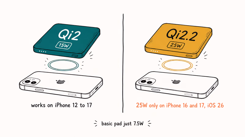 Two tiers contrasting Qi2 fifteen watt and Qi2.2 twenty five watt phone support