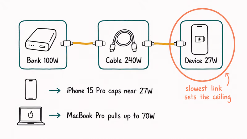 Wattage chain showing bank cable and device negotiating the slowest charging speed limit