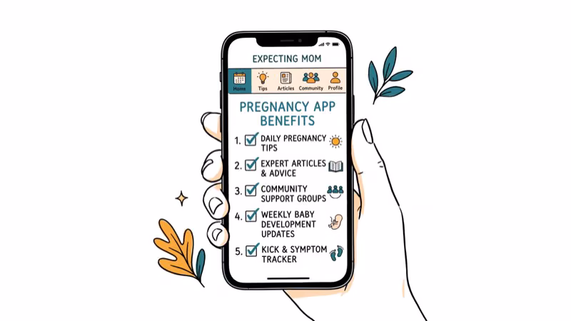 Phone checklist showing pregnancy app benefits like community support and daily tips
