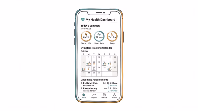 Phone screen showing health monitoring dashboard with appointment reminders and symptom calendar