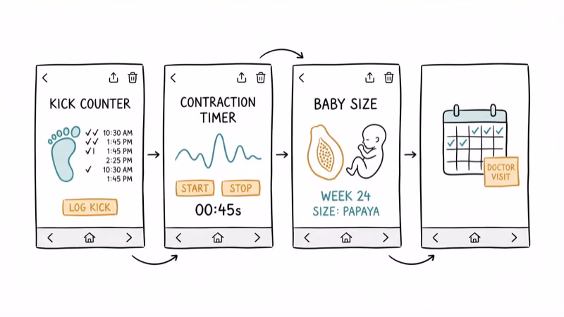 Pregnancy tracking app screens showing kick counter contraction timer and baby size