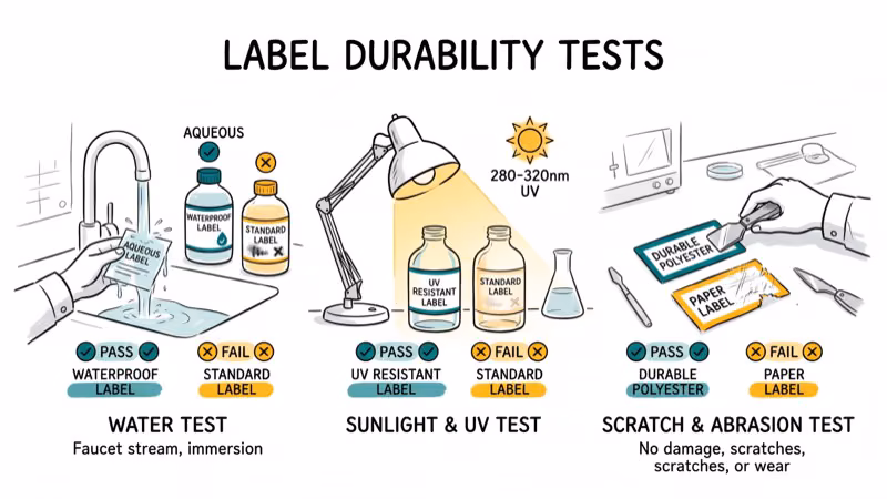Label durability test with water sunlight and scratch exposure showing pass and fail results