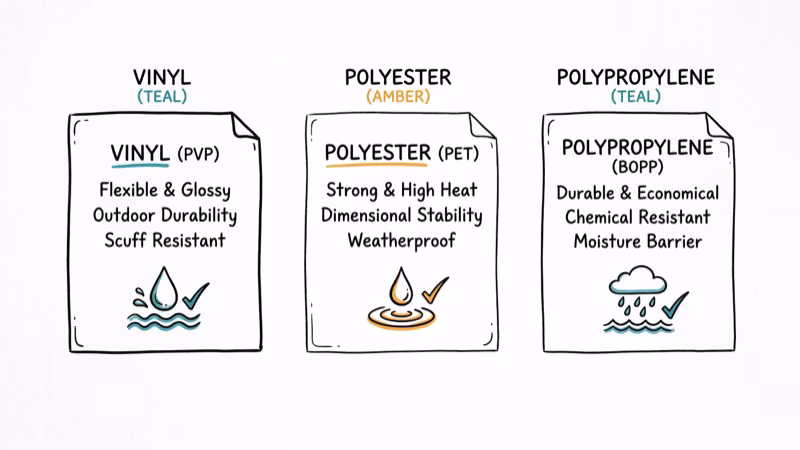 Different label material samples including vinyl polyester and polypropylene with water resistance icons