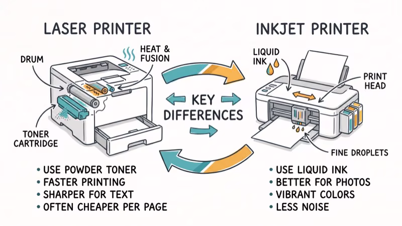 Laser printer and inkjet printer side by side with arrows showing key differences