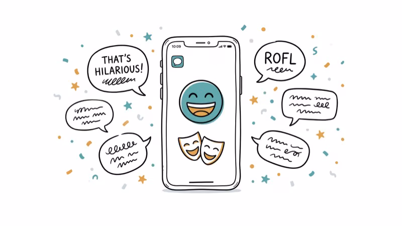 Hand-drawn phone with laughing emoji comedy masks and funny speech bubbles